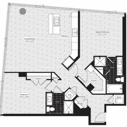 1291 square foot two bedroom two bath apartment floorplan image