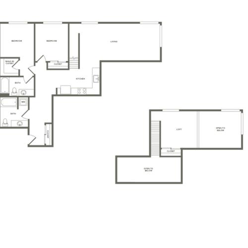 1,330 square foot two bedroom two bath loft floor plan image