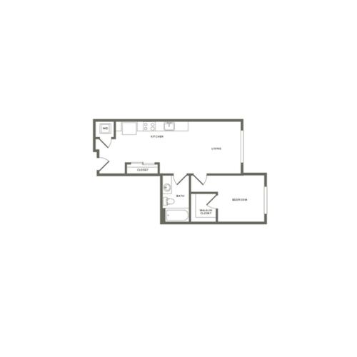 606 square foot  Income Restricted one bedroom one bath floor plan image