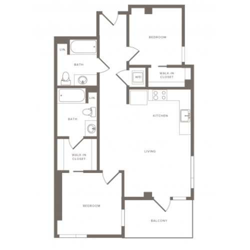 956 square foot two bedroom two bathroom floorplan image