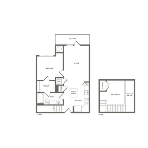 899 square foot one bedroom one bath with mezzanine apartment floorplan image