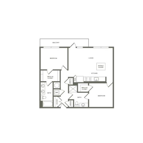 1073 to 1081 square foot two bedroom two bath apartment floorplan image