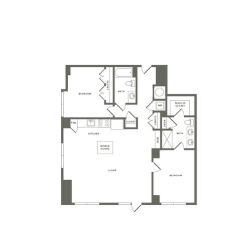 1246 square foot two bedroom two bath apartment floorplan image
