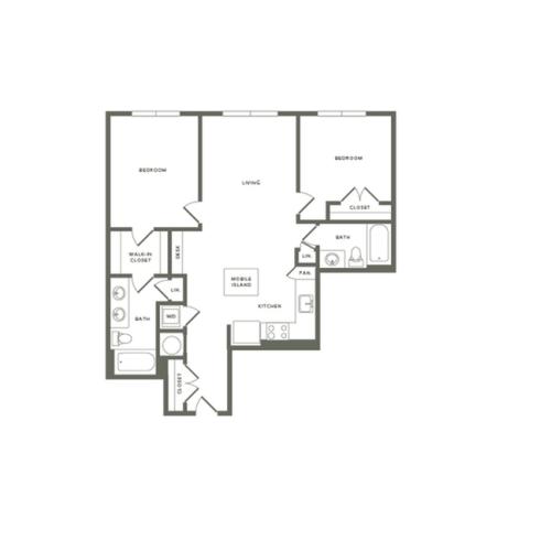 1067 square foot two bedroom two bath apartment floorplan image