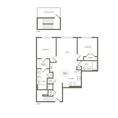 1167 square foot two bedroom two bath with rooftop patio apartment floorplan image