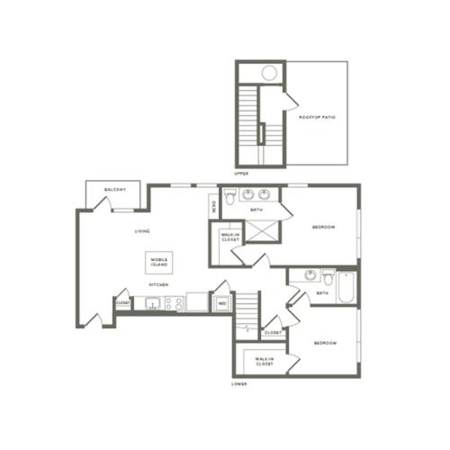 1165 square foot two bedroom two bath with rooftop patio apartment floorplan image