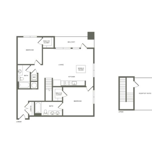 1282 square foot two bedroom two bath with rooftop patio apartment floorplan image