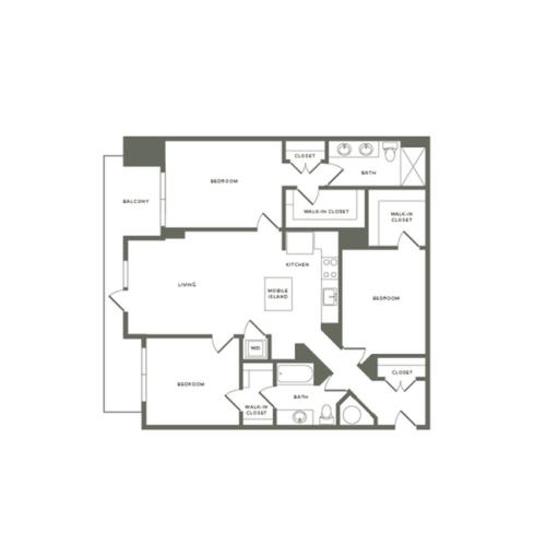 1342 square foot three bedroom two bath with center access to balcony apartment floorplan image