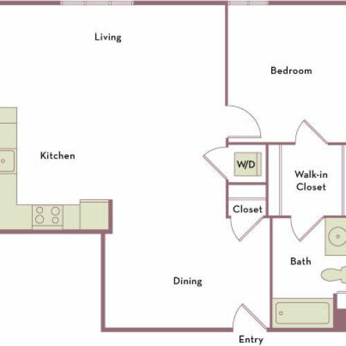861 square foot one bedroom one bath apartment floorplan image
