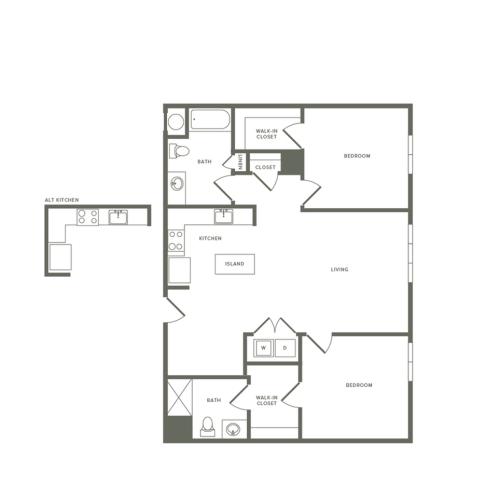 994 to 1158 square foot two bedroom two bath apartment floorplan image