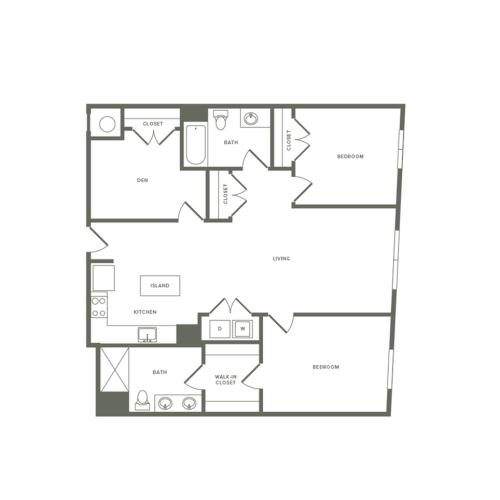 1297 square foot two bedroom two bath with den apartment floorplan image