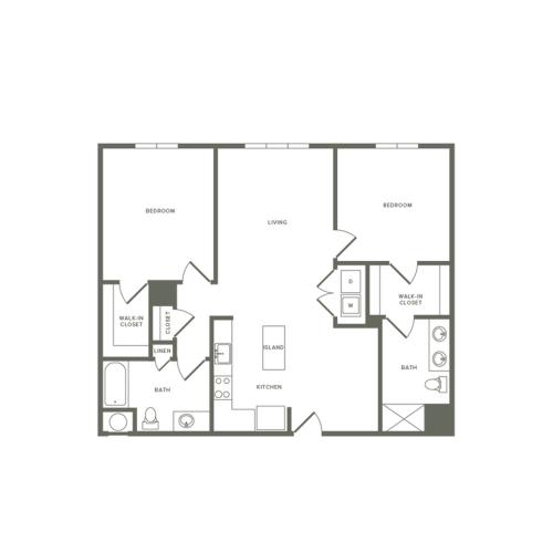 1161 square foot Affordable two bedroom two bath apartment floorplan image