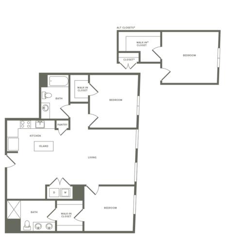 1145 square foot two bedroom two bath apartment floorplan image