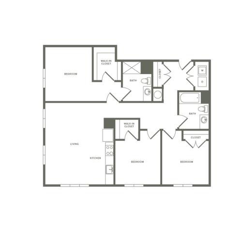 1302 square foot three bedroom two bath with two walk-in closets apartment floorplan image