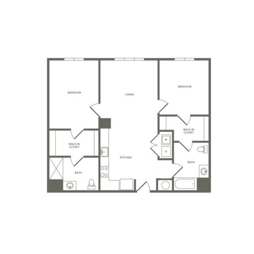 1105 square foot two bedroom two bath apartment floorplan image