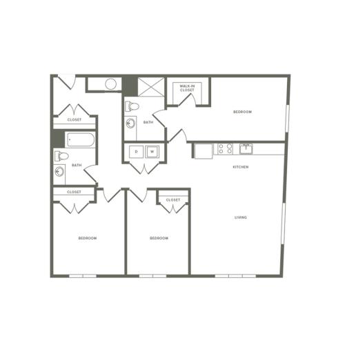 1361 square foot three bedroom two bath apartment floorplan image