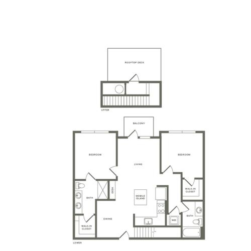 1149 to 1198 square foot two bedroom two bath with rooftop patio apartment floorplan image