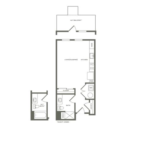 526 to 639 square foot studio one bath floor plan image