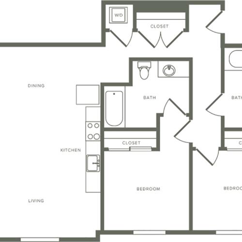 1018 square foot two bedroom two bath floor plan image