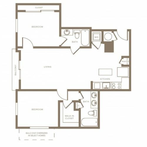1199 square foot two bedroom two bath floorplan image