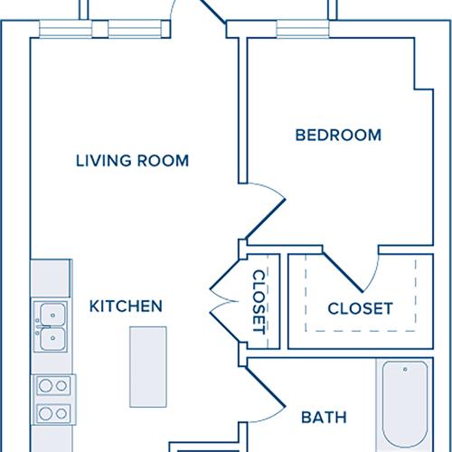 607-766 square foot one bedroom one bath apartment floorplan image
