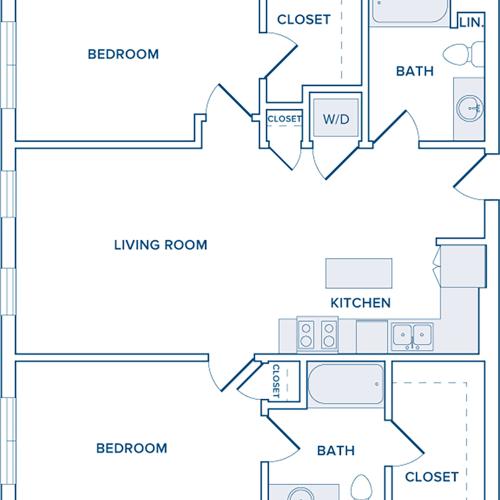 1125 square foot two bedroom two bath apartment floorplan image