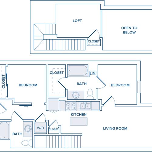 964-1042 square foot two bedroom loft two bath apartment floorplan image
