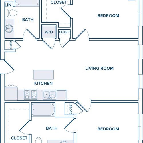 1065 square foot two bedroom two bath apartment floorplan image