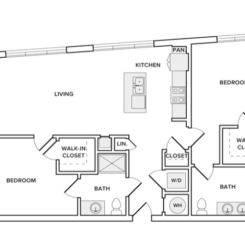 1121 square foot two bedroom two bath apartment floorplan image