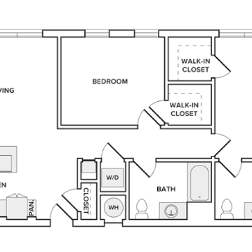 1133 square foot two bedroom two bath apartment floorplan image