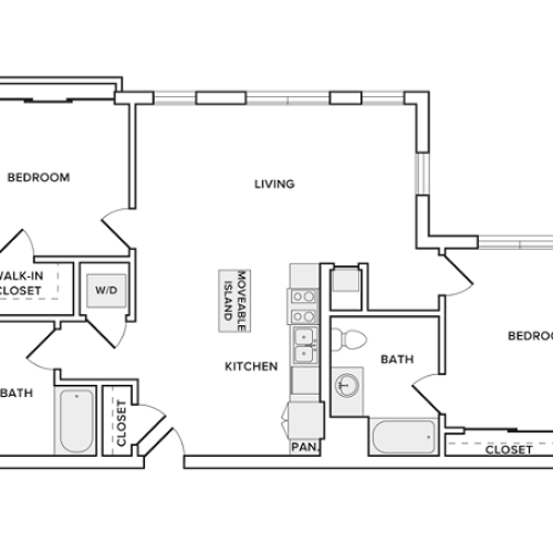 1095 square foot two bedroom two bath apartment floorplan image