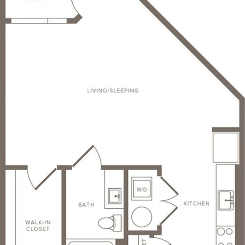 653 square foot studio one bath floorplan image