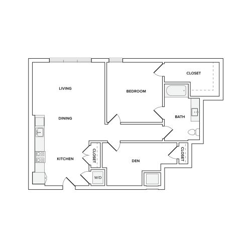 957 square foot one bedroom den one bath apartment floorplan image