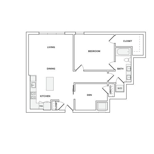 959 square foot one bedroom den one bath apartment floorplan image