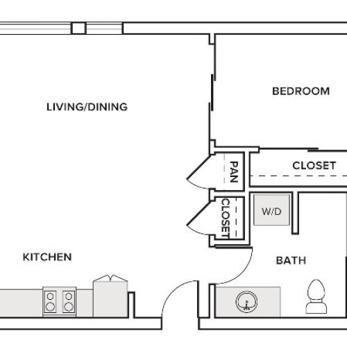 640 square foot one bedroom one bath apartment floorplan image