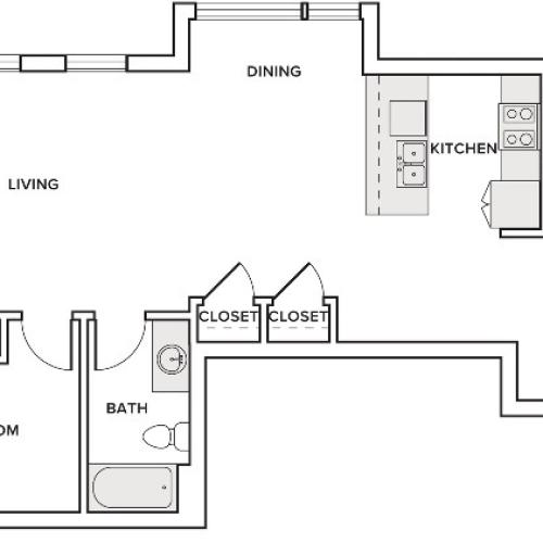 905 square foot one bedroom one bath apartment floorplan image