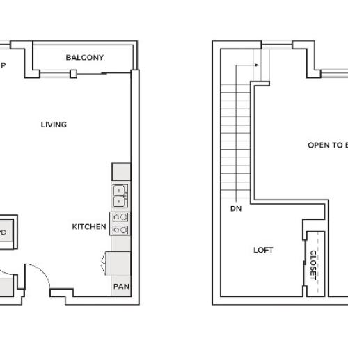 625 square foot one bedroom one bath with loft apartment floorplan image