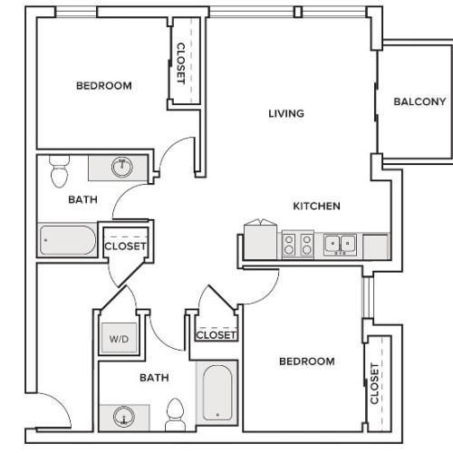 943 square foot two bedroom two bath apartment floorplan image