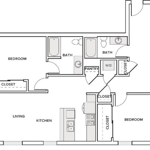 1076 square foot two bedroom two bath apartment floorplan image