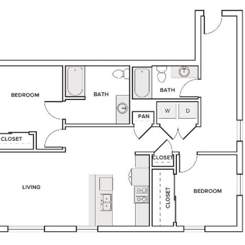 1133 square foot two bedroom two bath apartment floorplan image