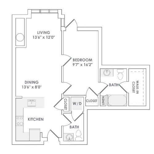 838 square foot one bedroom one bath apartment floorplan image