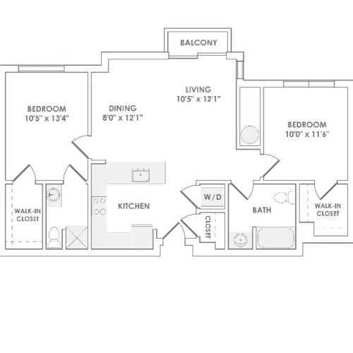 957 square foot two bedroom two bath apartment floorplan image