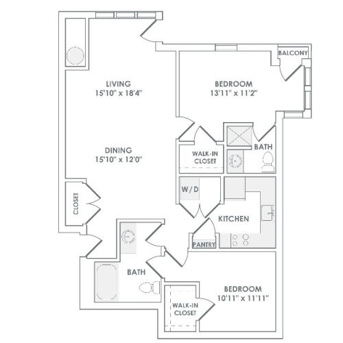 1303 square foot two bedroom two bath apartment floorplan image