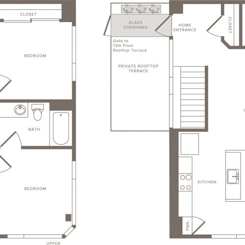 1,254 square foot two bedroom three bath apartment two story penthouse floorplan image