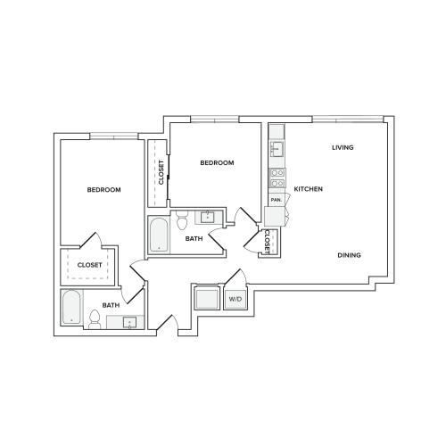 1105 square foot two bedroom two bath apartment floorplan image
