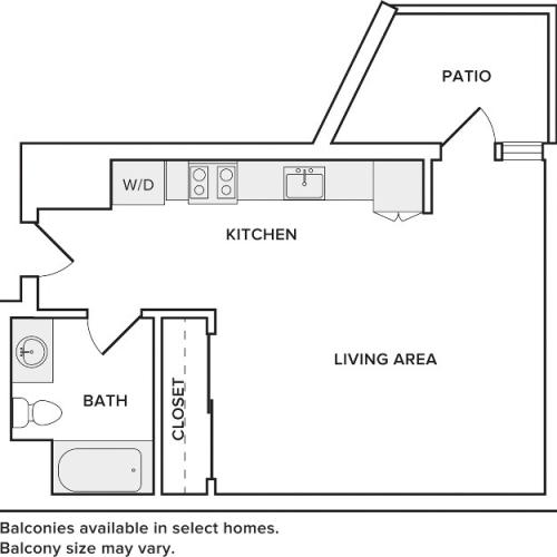 490 square foot studio one bath floorplan image