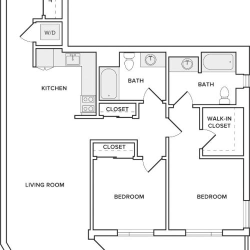1045-1047 square foot two bedroom two bath apartment floorplan image