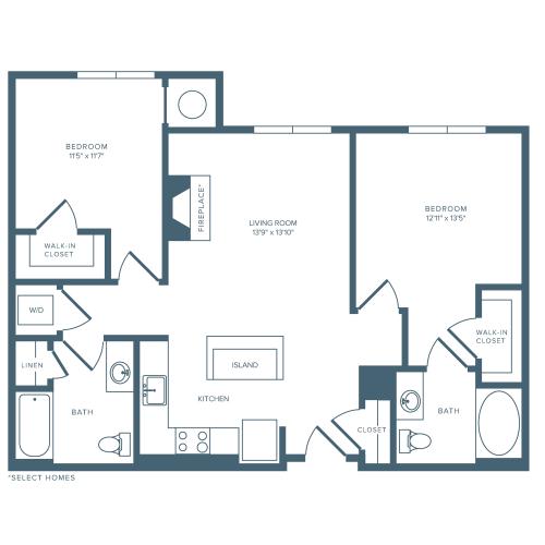 1013 square foot two bedroom two bath apartment floorplan image