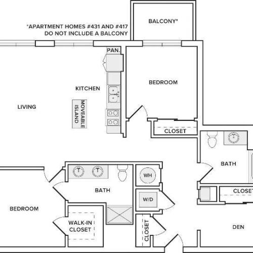 1257 square foot two bedroom two bath den apartment floorplan image