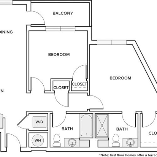 967 square foot two bedroom two bathroom apartment floorplan image
